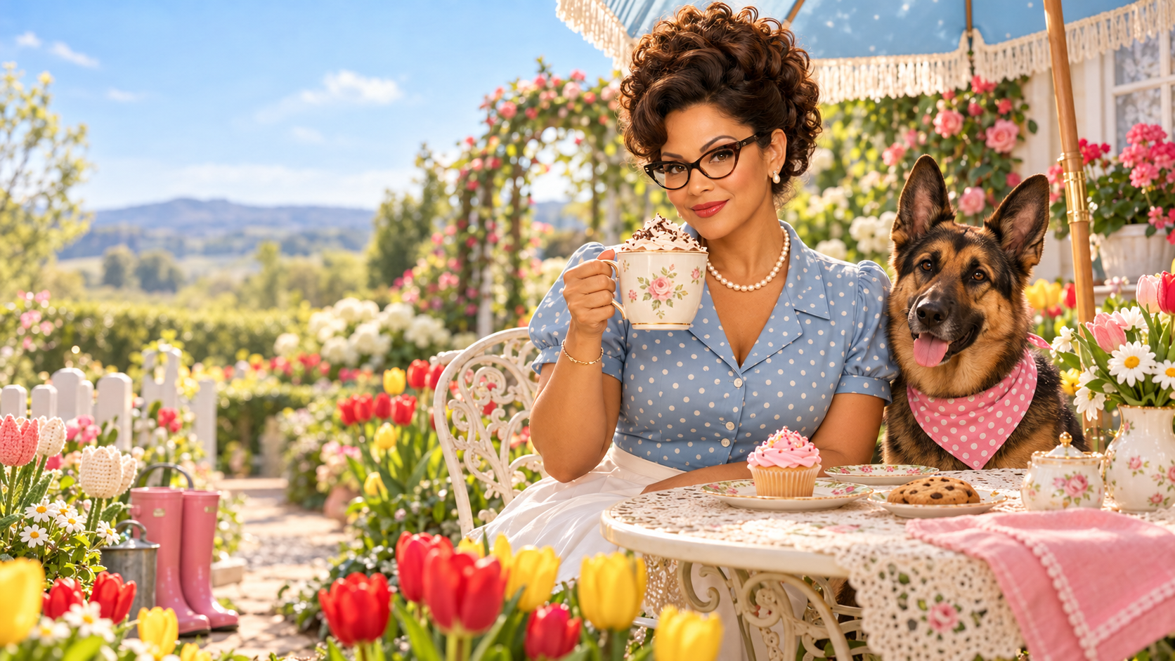 Miss Cocoa, in a sky-blue polka-dot dress, holds a whipped-cream-topped mug of cocoa beside PJ the German Shepherd in a sunny garden of crochet flowers, pink accents, and a blue parasol.