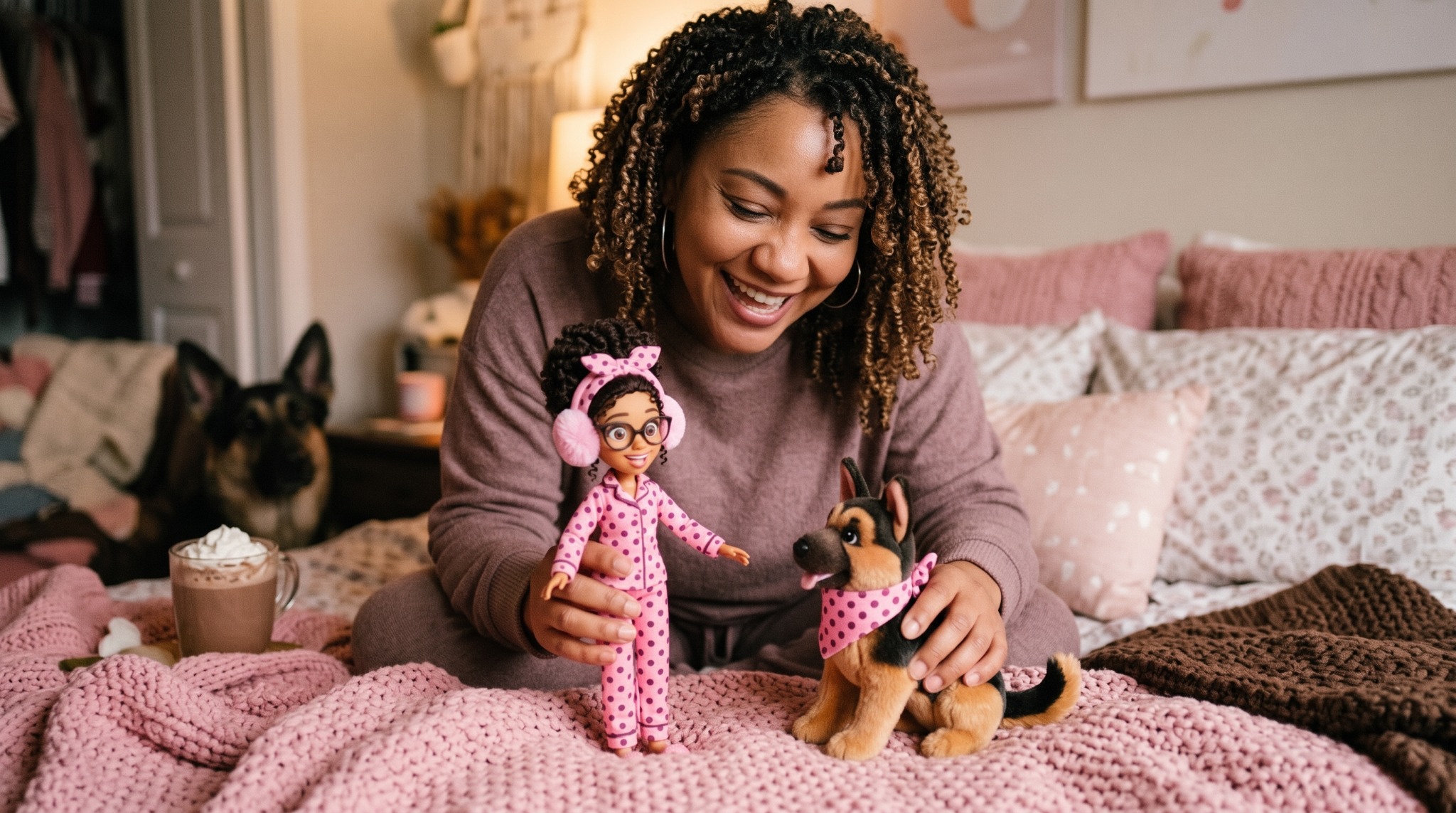 PJ playing with the Miss Cocoa and Pajamas German Shepherd dolls on a pink crocheted blanket, with a mug of cocoa nearby.